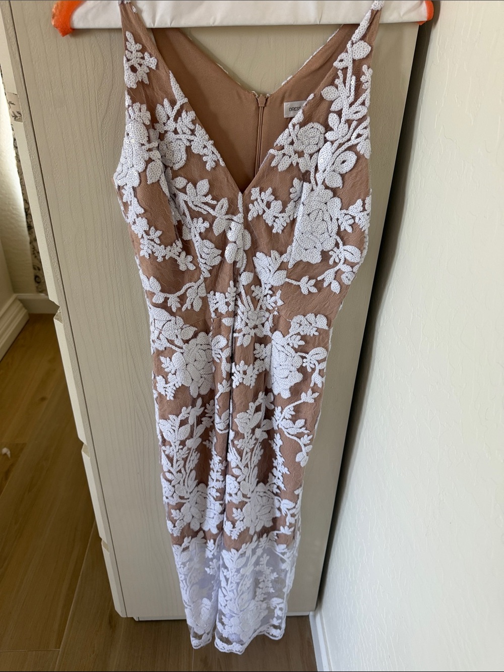 Dress the Population White Floral Lace Maxi on Tan